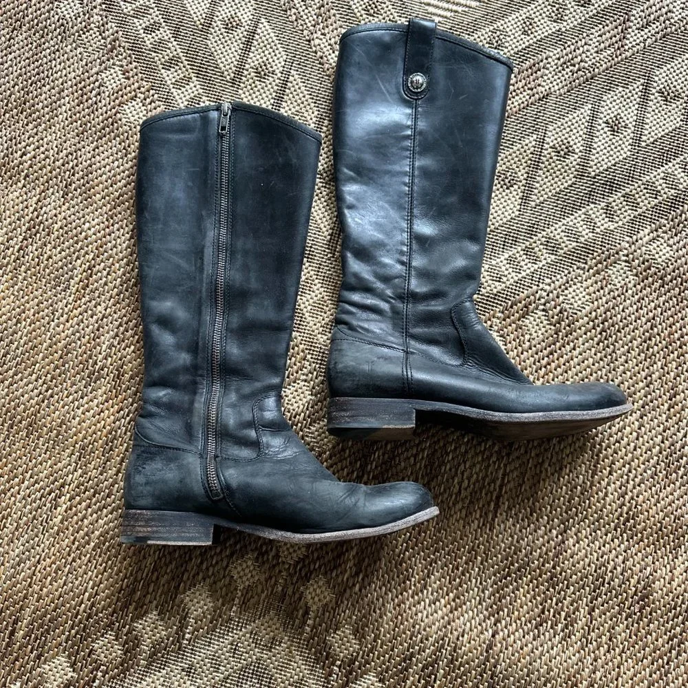 black leather FRYE Tall Riding Boots with side zipper, 7 - Picture 2 of 16